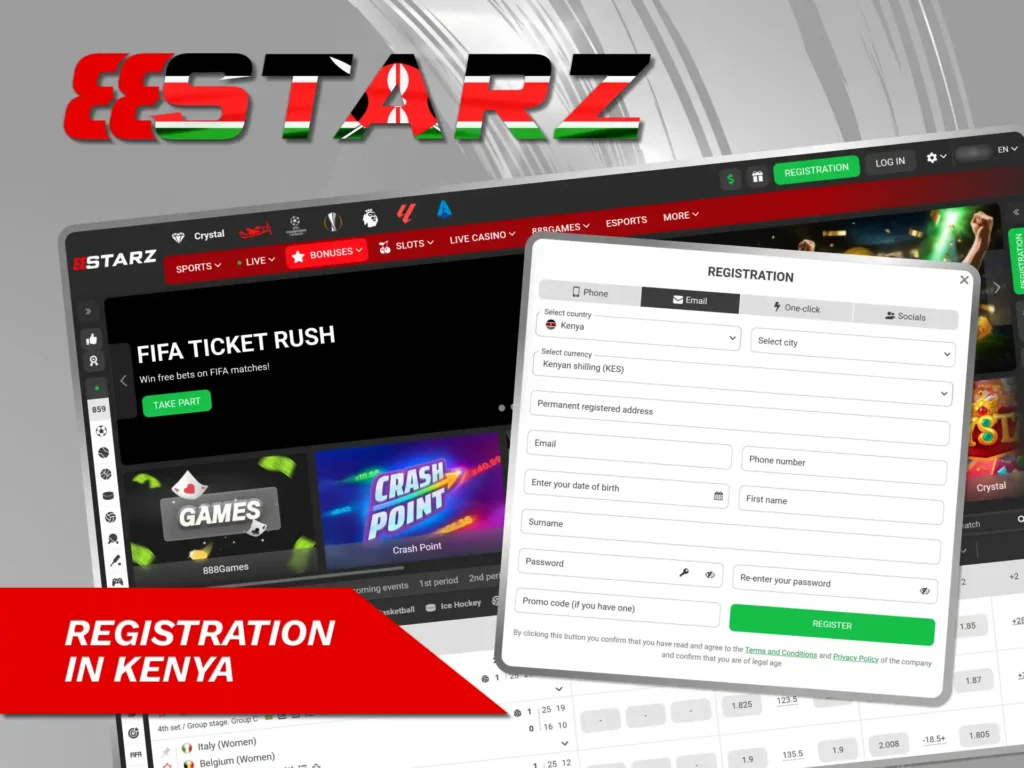 Register with 888starz Kenya and start betting on sport events.